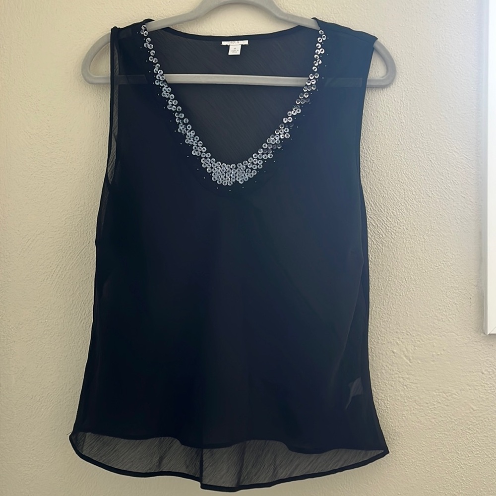 Sheer black tank top with sequin neckline